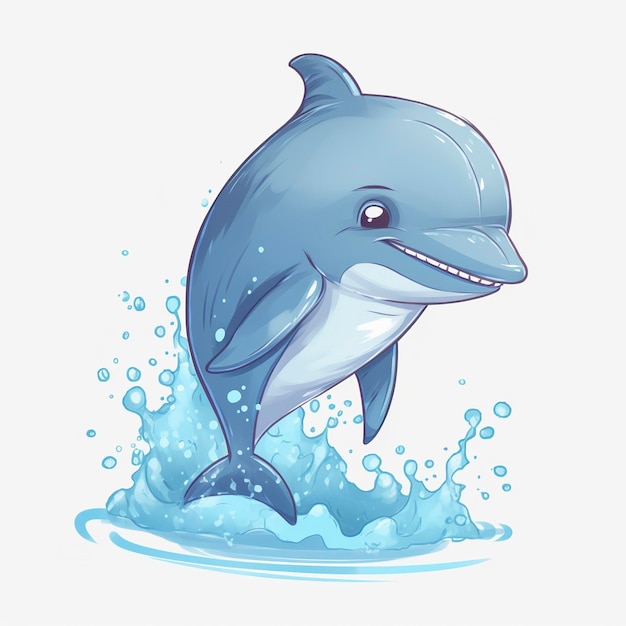Rysowane kreskówka ładny zabawny delfin białe tło minimalizm generuje ai
