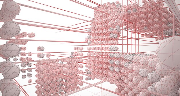 Rysowanie abstrakcyjnego architektonicznego białego wnętrza z tablicy kul z dużymi oknami 3D ilustr