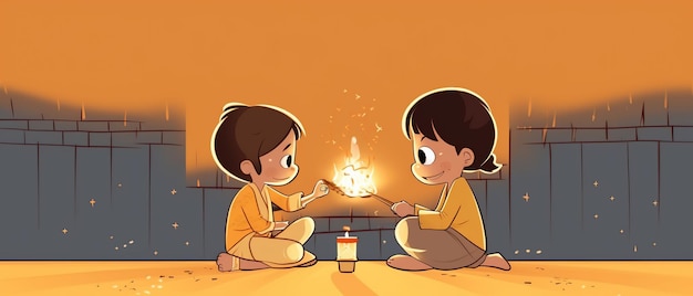 Rysowanie linii dla koncepcji happy diwali Cartoon dzieci grające w krakersy Ai Generowane