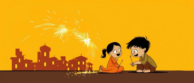 Rysowanie linii dla koncepcji happy diwali Cartoon dzieci grające w krakersy Ai Generowane