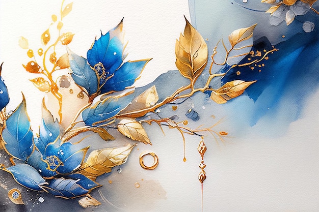 Rysowanie na papierze akwarelami kwiatów roślin i liści w niebieskich i złotych farbach Generative AI