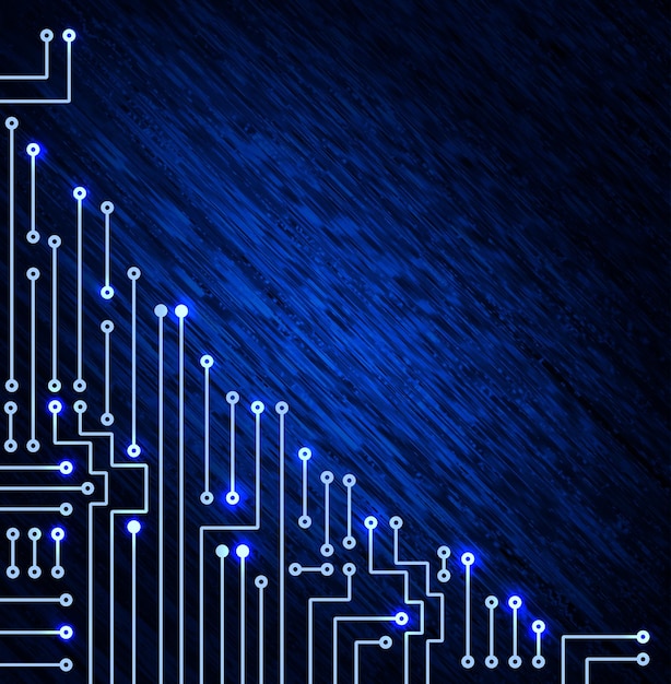 Zdjęcie rysowanie nowoczesnego obwodu elektronicznego na niebieskim tle falbany