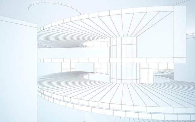 Rysunek abstrakcyjnego architektonicznego białego wnętrza minimalistycznego domu z dużymi oknami 3D