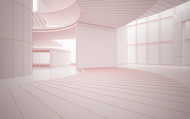 Rysunek abstrakcyjnego architektonicznego białego wnętrza minimalistycznego domu z dużymi oknami 3D