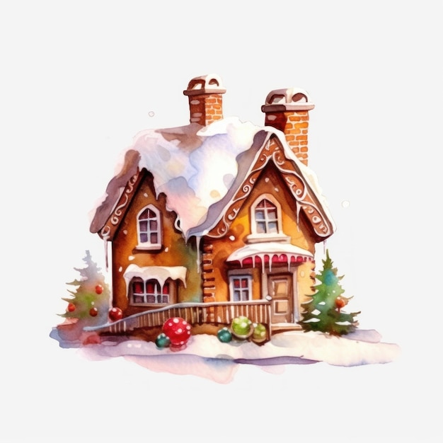 rysunek akwarelowy domu z pokrytym śniegiem dachem.