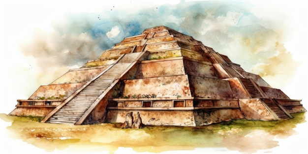 Rysunek akwarelowy piramidy Teotihuacan