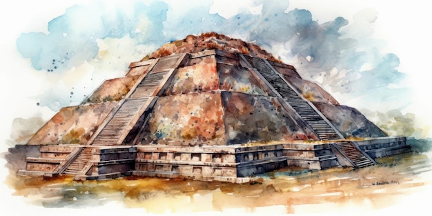 Rysunek akwarelowy piramidy Teotihuacan