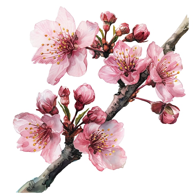Rysunek akwarelowy z różowymi kwiatami wiśni
