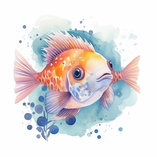 Rysunek akwarelowy złotej rybki z niebieskimi i zielonymi plamami.