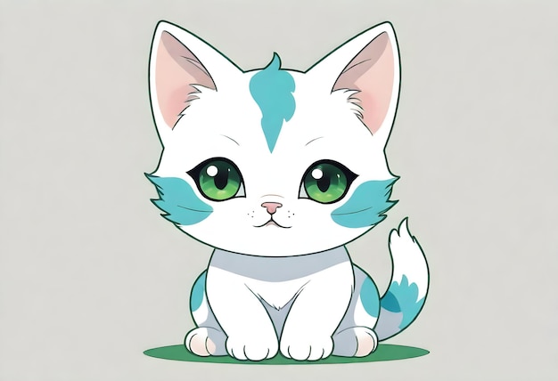 rysunek białego kociaka z zielonymi oczami i niebiesko-zielonym ogonem