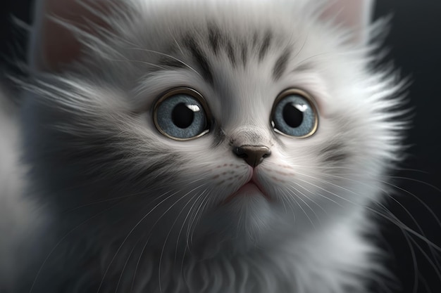 Rysunek białego kota z niebieskimi oczami.