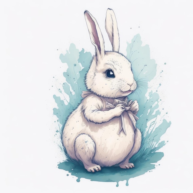 Rysunek białego królika z niebieskimi oczami i czarnym nosem