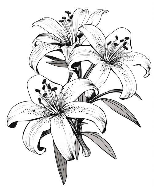 Zdjęcie rysunek bukietu kwiatów z czarno-białymi liniami generatywnymi ai