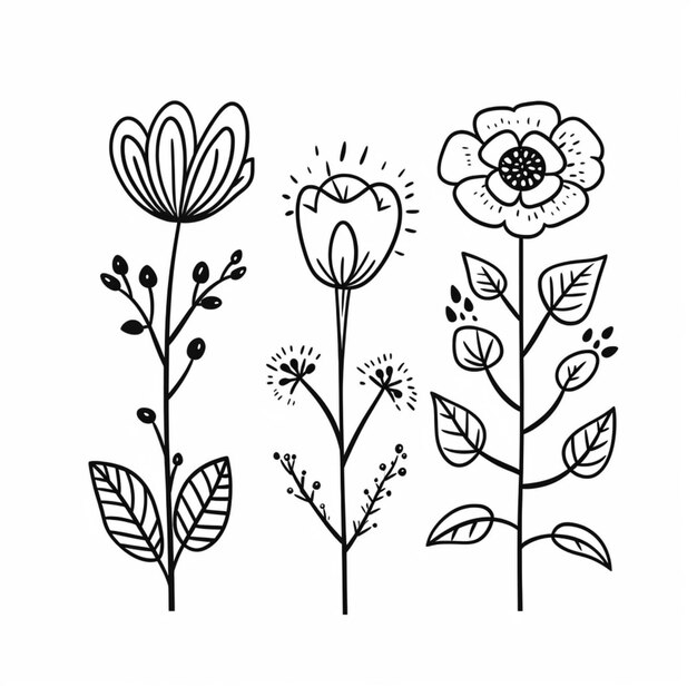 Zdjęcie rysunek bukietu kwiatów z liśćmi i kwiatami generatywnymi ai