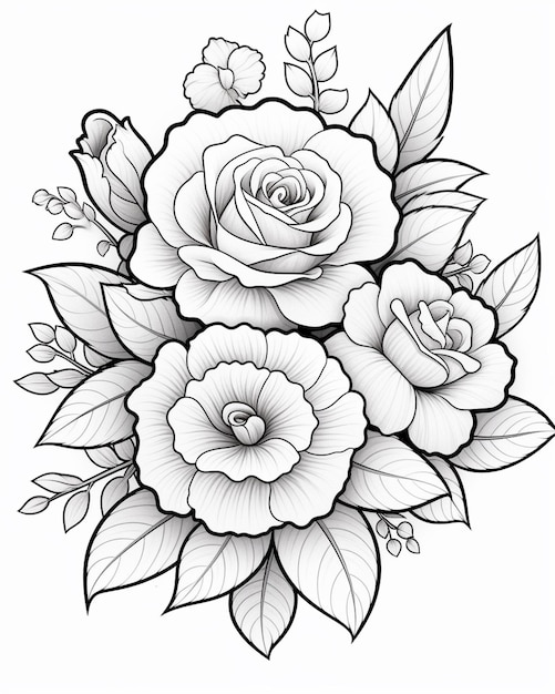 Zdjęcie rysunek bukietu róż z liśćmi i kwiatami