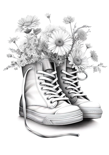 Zdjęcie rysunek buta z kwiatami i zdjęcie kwiatów.