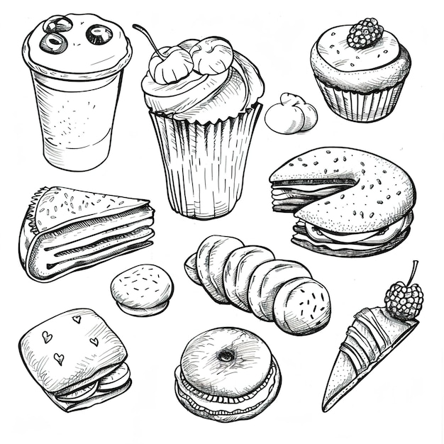 Zdjęcie rysunek ciasteczek i filiżanki kawy