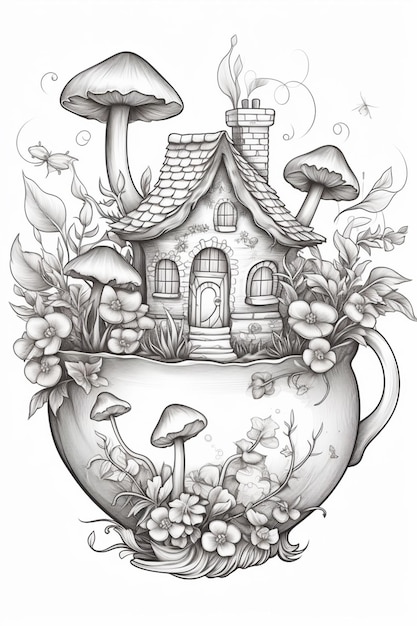 rysunek czajnika z grzybami i domem w nim generatywny ai