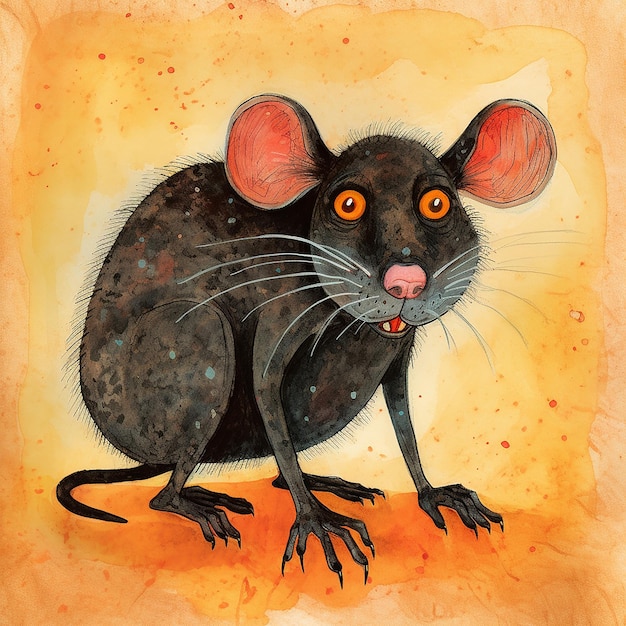 Rysunek czarnego szczura z czerwonym okiem.