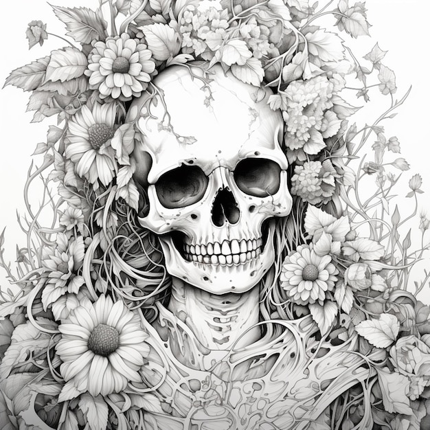 rysunek czaszki z kwiatami i wieńcem liści generatywny ai