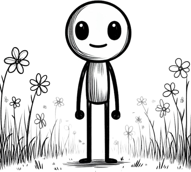 rysunek człowieka z uśmiechniętą twarzą i kwiatami w trawie