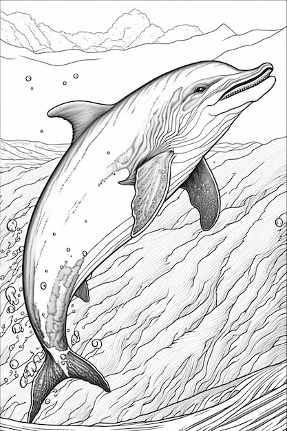 Rysunek delfina pływającego w oceanie.
