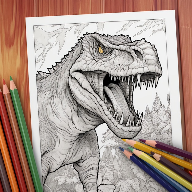 Zdjęcie rysunek dinozaura z kolorowymi ołówkami