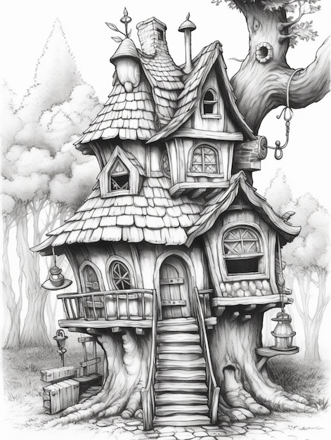 rysunek domku na drzewie z prowadzącymi do niego schodami generatywnymi ai