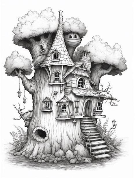 rysunek domku na drzewie ze schodami prowadzącymi do niego generatywnej ai