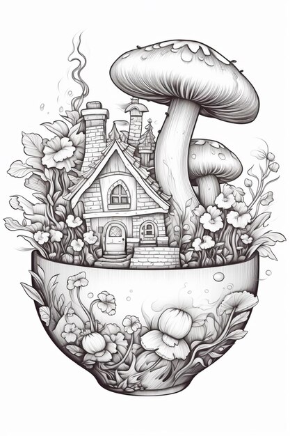 rysunek domu grzybowego w misce z grzybami generatywnymi ai