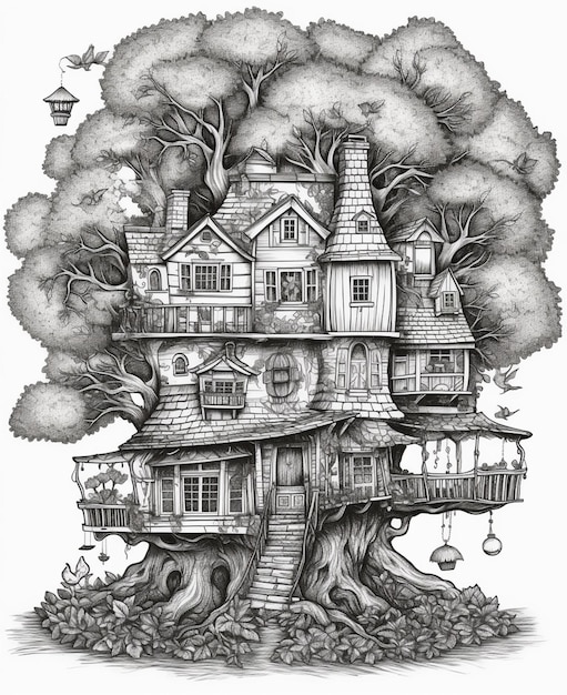 rysunek domu na drzewie z drzewem w środku generatywny ai