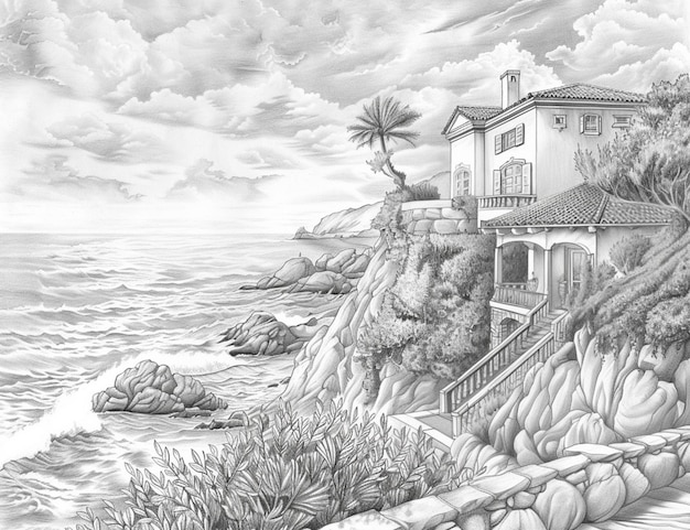Zdjęcie rysunek domu na klifie z widokiem na ocean generatywny ai