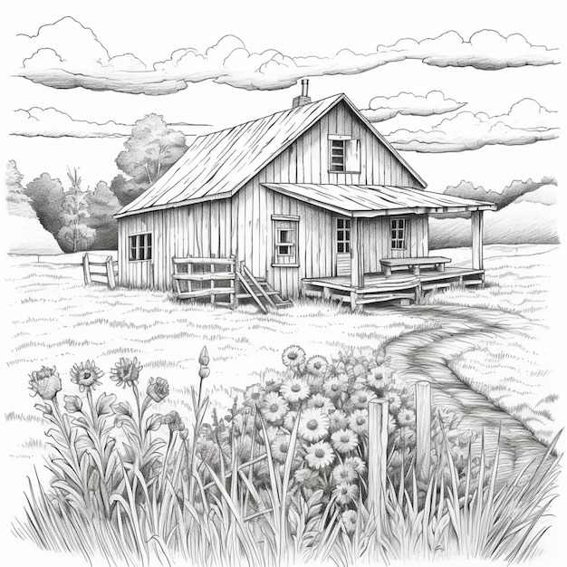 Zdjęcie rysunek domu na polu z kwiatami generatywny ai