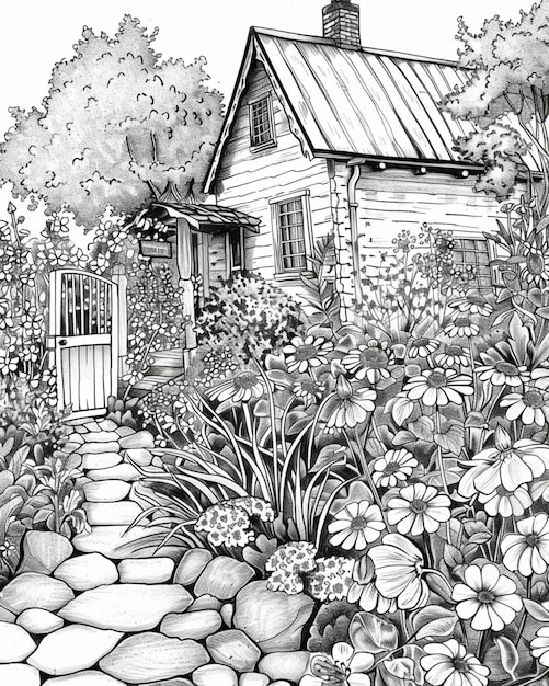 rysunek domu w ogrodzie z kwiatami i kamieniami generatywny ai