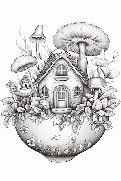 rysunek domu z grzybami i liśćmi na nim generatywny ai
