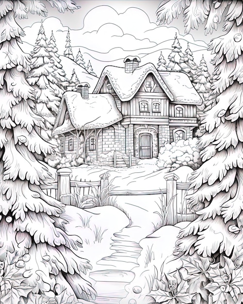 Zdjęcie rysunek domu z płotem i drzewami