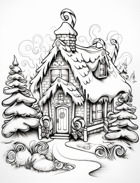 Zdjęcie rysunek domu z pokrytym śniegiem dachem i ścieżką generatywną ai
