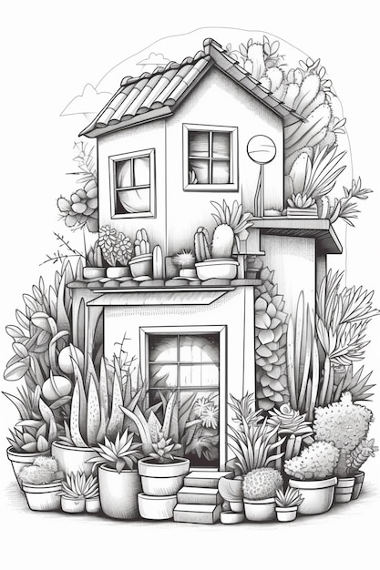 rysunek domu z roślinami doniczkowymi i oknem generatywnym AI