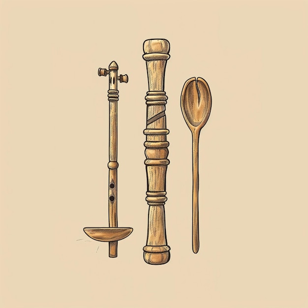 rysunek drewnianej łyżki i łyżka z obrazem miecza
