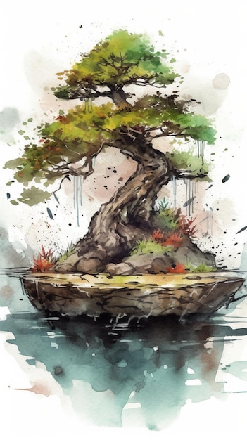 Rysunek drzewa bonsai w wodzie