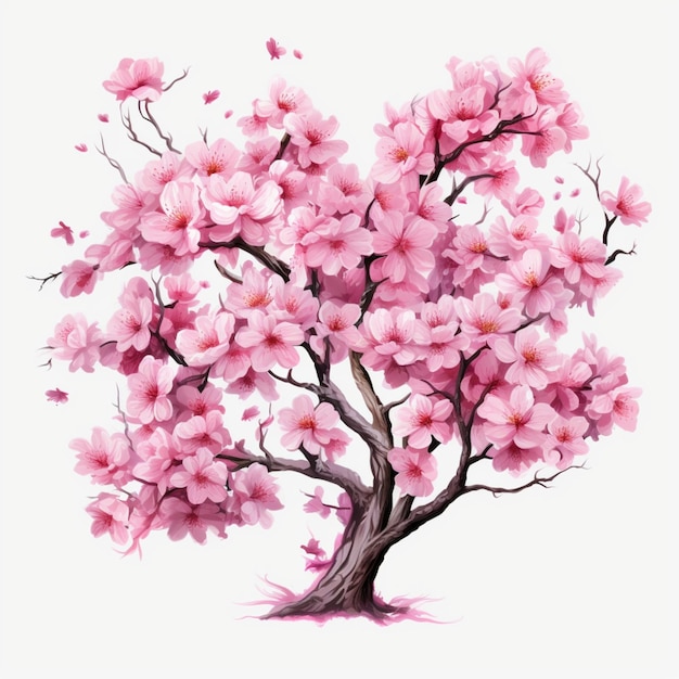 rysunek drzewa z różowymi kwiatami i drzewem w kształcie serca