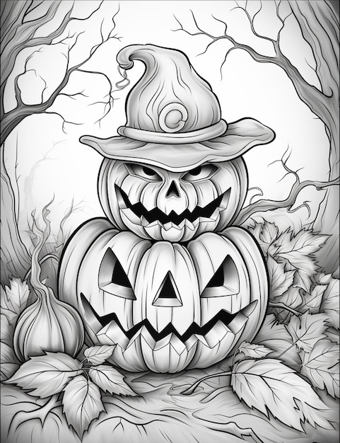 rysunek dyni halloweenowej z kapeluszem czarownicy i generatywną sztuczną inteligencją dyni