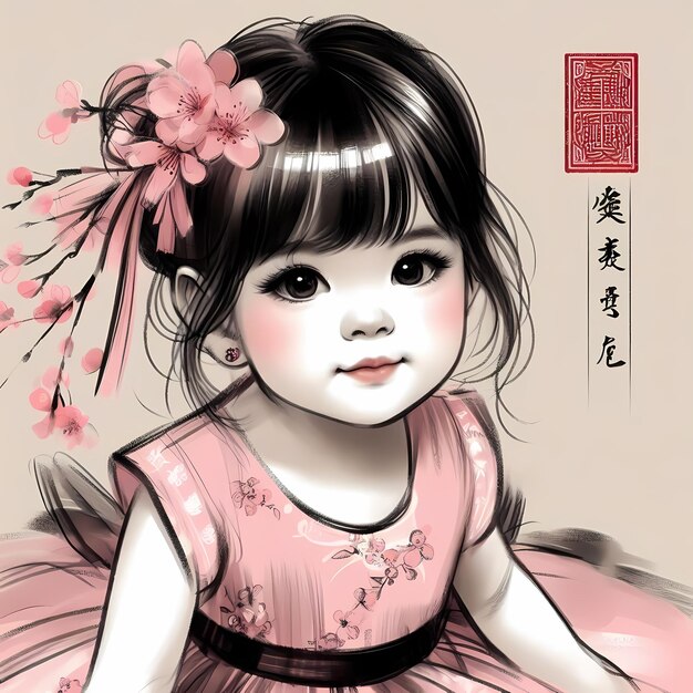 Zdjęcie rysunek dziewczynki w różowej sukience