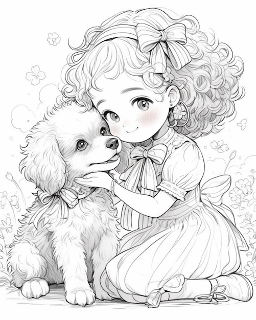 Zdjęcie rysunek dziewczyny i jej psa na polu generatywny ai