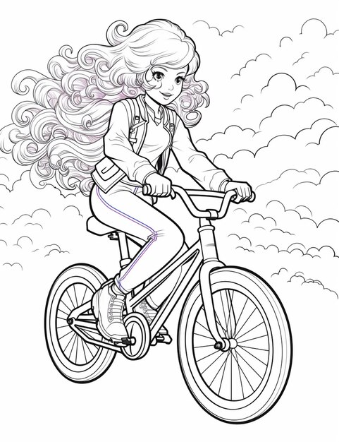 Zdjęcie rysunek dziewczyny jeżdżącej na rowerze z długimi włosami
