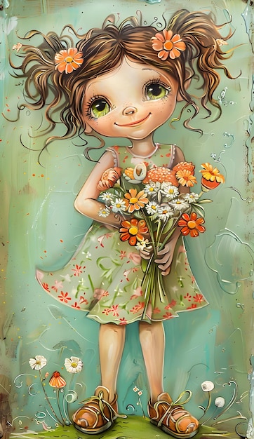 Zdjęcie rysunek dziewczyny trzymającej bukiet kwiatów