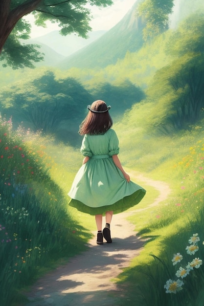 Rysunek dziewczyny w sukience idącej po leśnej ścieżce naprzeciwko pięknej zielonej góry w t