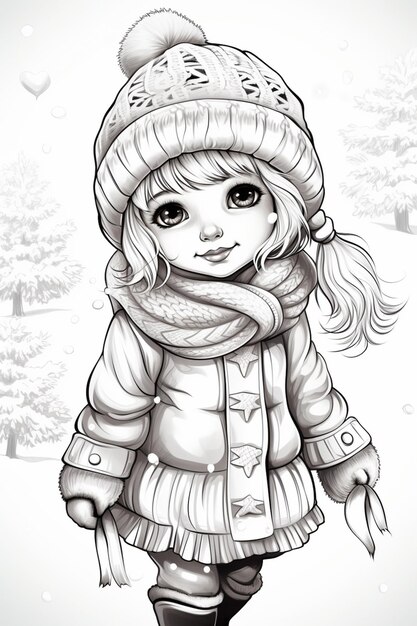 Zdjęcie rysunek dziewczyny w zimowym płaszczu i kapeluszu generatywnym ai