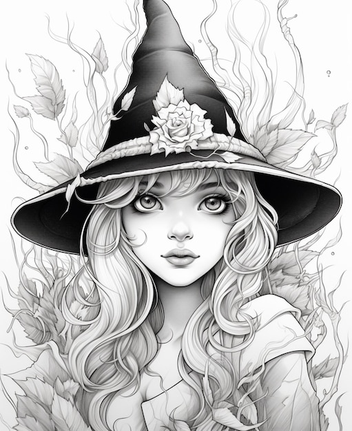 Zdjęcie rysunek dziewczyny z kapeluszem i kwiatami ai generative