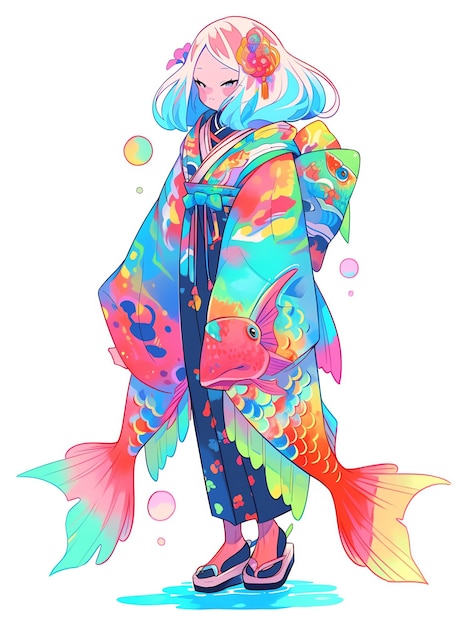 Zdjęcie rysunek dziewczyny z kolorowym strojem i rybą